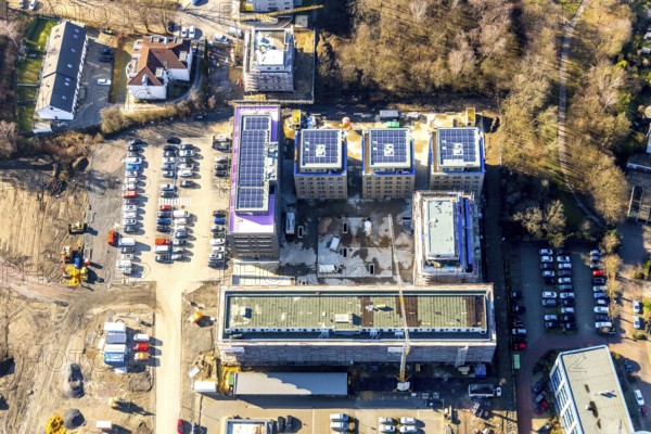 Aerial view, construction site and new building, residential area Seven Stones, Universitätsstraße, Wiemelhausen, Bochum, Ruhr area, North Rhine-Westphalia, Germany, 7 Stones, DEU, Europe, real estate, aerial view, aerial photography, aerial photography, Seven Stones, overview, bird's-eye view, residential complex, living and life, residential buildings, residential area Seven Stones Bochum, housing estate, housing shortage, birds-eyes view, overview