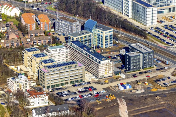 Aerial view, construction site and new building, residential area Seven Stones, Universitätsstraße, Wiemelhausen, Bochum, Ruhr area, North Rhine-Westphalia, Germany, 7 Stones, DEU, Europe, real estate, aerial view, aerial photography, aerial photography, Seven Stones, overview, bird's-eye view, residential complex, living and life, residential buildings, residential area Seven Stones Bochum, housing estate, housing shortage, birds-eyes view, overview