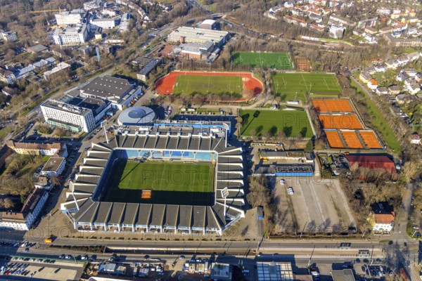 Aerial view, Vonovia Ruhrstadion, Grumme, Bochum, Ruhr area, North Rhine-Westphalia, Germany, arena, Bochum Ruhrstadion, Castroper Straße, DE, Europe, football pitch, football stadium, football club, aerial view, aerial photography, aerial photography, sports, sports facilities, sports field, sports venue, stadium, tennis, tennis facility, tennis courts, overview, bird's-eye view, bird's-eye view, overview