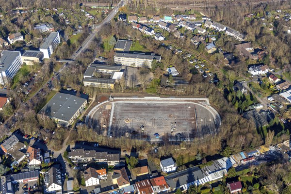 Aerial view, Annette-von-Droste-Hülshoff-Schule, sports hall at Lohring, construction site sports field at Lohring, south inner city, Bochum, Ruhr area, North Rhine-Westphalia, Germany, education, educational institution, DE, Europe, football pitch, property tax, real estate, educational institute, aerial view, aerial photography, aerial photography, secondary school, school, sports, sports facilities, sports hall, sports field, sports facility, overview, bird's-eye view, living and life, residential area, residential buildings, birds-eyes view, overview