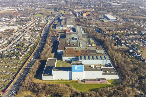 Aerial photo, thyssenkrupp Steel Europe AG Bochum plant, Essener Straße, Kruppwerke, Bochum, Ruhr area, North Rhine-Westphalia, Germany, DE, Europe, commercial area, commercial use, industrial plants, industrial area, industrial site, aerial photograph, aerial photography, aerial photography, production plants, production halls, steel manufacturer, overview, bird's-eye view, bird's-eye view, overview