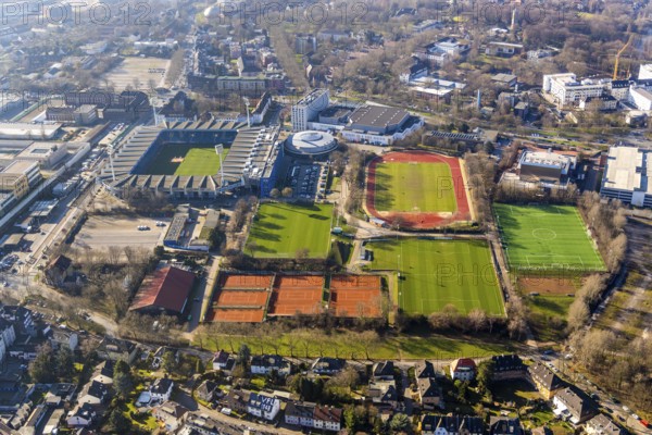 Aerial view, Vonovia Ruhrstadion, Grumme, Bochum, Ruhr area, North Rhine-Westphalia, Germany, arena, Bochum Ruhrstadion, Castroper Straße, DE, Europe, football pitch, football stadium, football club, aerial view, aerial photography, aerial photography, sports, sports facilities, sports field, sports venue, stadium, tennis, tennis facility, tennis courts, overview, bird's-eye view, bird's-eye view, overview