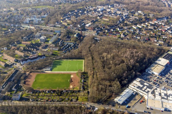 Aerial view, district sports facility north-west, slag heap Hannibal, Phönixberg, Hofstede, Bochum, Ruhr area, North Rhine-Westphalia, Germany, DE, Europe, football pitch, property tax, slag heap, real estate, aerial view, aerial photography, aerial photography, park, sports, sports facilities, sports field, sports facility, overview, bird's eye view, woodland, living and life, residential area, residential buildings, birds-eyes view, overview