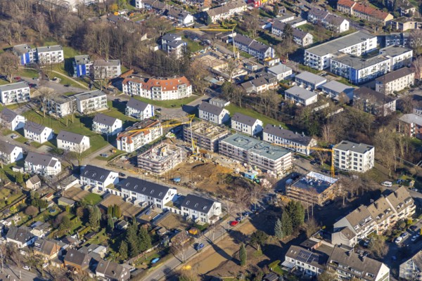 Aerial view, liquid settlement, construction area residential complex Ederstraße, Sorpestraße, Werrastraße, Bochum, Ruhr area, North Rhine-Westphalia, Germany, construction work, construction area, building site, building plots, construction crane, construction measure, construction project, construction site, DE, development, Europe, property tax, real estate, capacity requirements, aerial view, aerial photography, aerial photography, new construction, redesign, revitalisation, overview, bird's-eye view, housing estate, housing and living, residential area, residential buildings, residential quarter, housing estate, birds-eyes view, overview