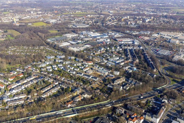 Aerial view, overview Bochum North, industrial area, liquid settlement, construction area residential area Ederstraße, Sorpestraße, Werrastraße, Bochum, Ruhr area, North Rhine-Westphalia, Germany, motorway A40, DE, Europe, property tax, real estate, aerial photography, aerial photography, aerial view, redesign, revitalisation, overview, bird's eye view, residential area, living and living, residential area, residential buildings, residential quarter, housing estate, birds-eyes view, overview