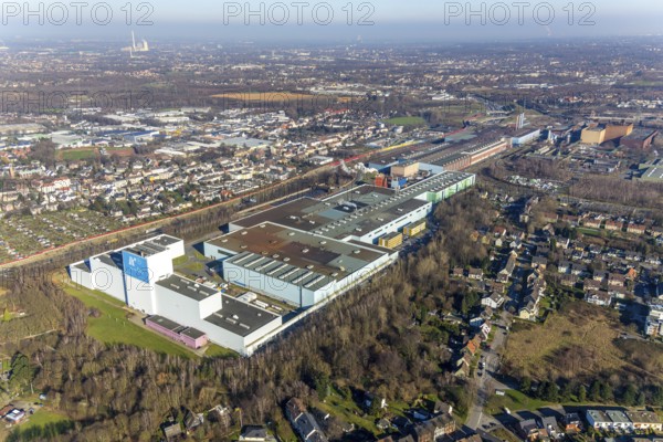 Aerial photo, thyssenkrupp Steel Europe AG Bochum plant, Essener Straße, Kruppwerke, Bochum, Ruhr area, North Rhine-Westphalia, Germany, DE, Europe, commercial area, commercial use, industrial plants, industrial area, industrial site, aerial photograph, aerial photography, aerial photography, production plants, production halls, steel manufacturer, overview, bird's-eye view, bird's-eye view, overview