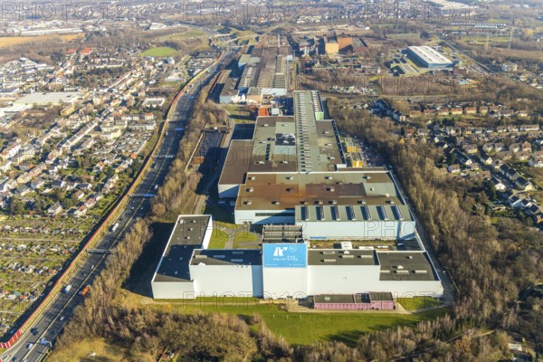 Aerial photo, thyssenkrupp Steel Europe AG Bochum plant, Essener Straße, Kruppwerke, Bochum, Ruhr area, North Rhine-Westphalia, Germany, DE, Europe, commercial area, commercial use, industrial plants, industrial area, industrial site, aerial photograph, aerial photography, aerial photography, production plants, production halls, steel manufacturer, overview, bird's-eye view, bird's-eye view, overview