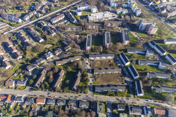 Aerial view, residential area and construction area Lohackerstrasse, Westenfeld, Bochum, Ruhr area, North Rhine-Westphalia, Germany, construction work, construction area, construction site, building plots, construction measure, construction project, construction site, DE, development, Europe, property tax, real estate, capacity requirement, aerial view, aerial photography, aerial photography, multi-family houses, new construction, terraced houses, overview, bird's eye view, residential complex, living and living, residential area, residential buildings, residential neighbourhood, residential estate, birds-eyes view, overview
