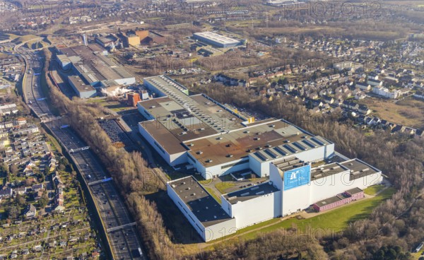 Aerial photo, thyssenkrupp Steel Europe AG Bochum plant, Essener Straße, Kruppwerke, Bochum, Ruhr area, North Rhine-Westphalia, Germany, DE, Europe, commercial area, commercial use, industrial plants, industrial area, industrial site, aerial photograph, aerial photography, aerial photography, production plants, production halls, steel manufacturer, overview, bird's-eye view, bird's-eye view, overview