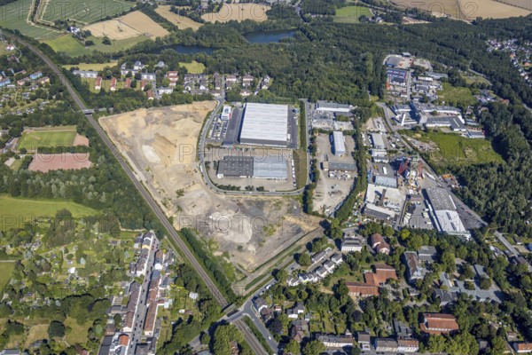 Aerial photo, Robert Müser industrial estate, Robert Müser colliery, Flaschenpost, Deufol Bochum GmbH, Bochum, Ruhr area, North Rhine-Westphalia, Germany, DE, Europe, birds-eyes view, aerial photo, aerial photography, aerial photography, overview, overview, bird's eye view, urban planning, reconstruction measures, construction site, overplanning