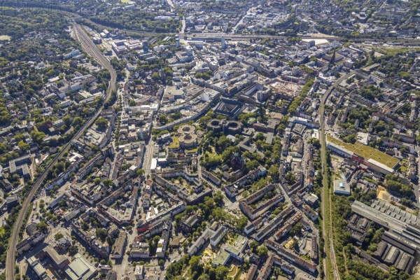 Aerial view, overview Bochum city centre from north to south with central station, mining museum, Hamme, Bochum, Ruhr area, North Rhine-Westphalia, Germany, DE, Europe, birds-eyes view, aerial photography, aerial photography, overview, bird's eye view, urban planning, reconstruction measures, construction site, overplanning