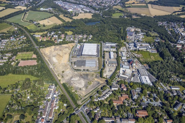 Aerial photo, Robert Müser industrial estate, Robert Müser colliery, Flaschenpost, Deufol Bochum GmbH, Bochum, Ruhr area, North Rhine-Westphalia, Germany, DE, Europe, birds-eyes view, aerial photo, aerial photography, aerial photography, overview, overview, bird's eye view, urban planning, reconstruction measures, construction site, overplanning