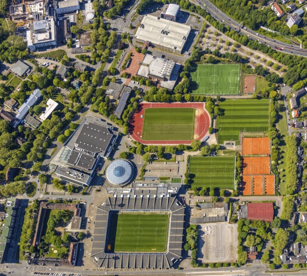 Aerial photo, Vonovia Ruhrstadion an der Castroper Straße, football stadium, Bochum, Ruhr area, North Rhine-Westphalia, Germany, arena, Bundesliga stadium, DE, Europe, football pitch, football club, hotel, congress centre, aerial photo, aerial photography, aerial photography, Renaissance Bochum Hotel, RuhrCongress Bochum, Rundsporthalle Bochum, sports, sports facilities, sports field, sports facility, sports club, stadium, stadium ring, tennis courts, training grounds, overview, VFL Bochum 1848, bird's-eye view, Vonovia, competition, birds-eyes view, overview