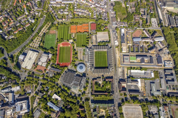 Aerial view, Bochum prison, construction site, Krümmede 3, Vonovia Ruhrstadion an der Castroper Straße, football stadium, Bochum, Ruhr area, North Rhine-Westphalia, Germany, arena, detention, Bundesliga stadium, Castroper Straße, DE, imprisonment, prison sentence, football pitch, football club, prison, detention centre, prison sentence, hotel, correctional facility, congress centre, Krümmede, aerial view, aerial photography, Renaissance Bochum Hotel, RuhrCongress Bochum, Rundsporthalle Bochum, sports, sports facilities, sports field, sports facility, sports club, stadium, stadium ring, tennis courts, training grounds, VFL Bochum 1848, custody, bird's-eye view, Vonovia, competition, birds-eyes view, overview, overview