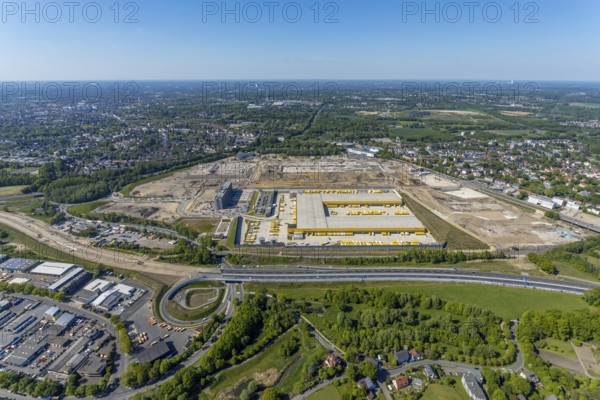 Aerial view, new construction DHL logistics parcel centre, former Opel site, former Opel administration building, Laer district, Bochum, Ruhr area, North Rhine-Westphalia, Germany, expansion areas, A448 motorway, construction, construction area, construction site, construction project, construction site, DE, DHL, DHL logistics, DHL parcel centre, earthworks, Renewal, development, Europe, Mark 51/7 industrial estate, capacity requirements, logistics, aerial view, aerial photography, aerial photography, new build, Opel site, Opelring 1, overview, bird's-eye view, growth, becoming and growing, birds-eyes view, former Opel site with old administration building, overview
