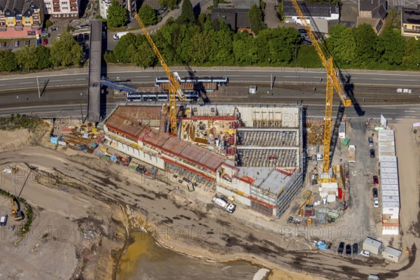 Aerial view, construction site former Opel site, Hans-Dobbertin-Straße, Laer, Bochum, Ruhr area, North Rhine-Westphalia, Germany, expansion areas, construction, construction area, construction site, construction crane, construction project, construction site, DE, earthworks, renewal, development, Europe, Mark 51/7 industrial estate, capacity requirements, aerial view, aerial photography, aerial photography, Opel site, overview, bird's-eye view, growth, becoming and growing, birds-eyes view, former Opel site, overview