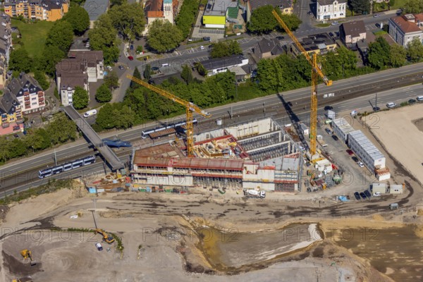 Aerial view, construction site former Opel site, Hans-Dobbertin-Straße, Laer, Bochum, Ruhr area, North Rhine-Westphalia, Germany, expansion areas, construction, construction area, construction site, construction crane, construction project, construction site, DE, earthworks, renewal, development, Europe, Mark 51/7 industrial estate, capacity requirements, aerial view, aerial photography, aerial photography, Opel site, overview, bird's-eye view, growth, becoming and growing, birds-eyes view, former Opel site, overview