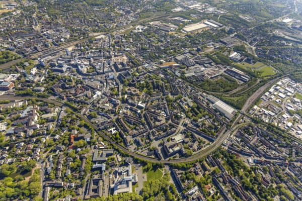 Aerial view, city centre view, Bochum central station, Bochum, Ruhr area, North Rhine-Westphalia, Germany, old town, railway tracks, railway station, city, DE, Deutsche Bahn AG, Europe, central station, main station, city centre, aerial view, aerial photography, aerial photography, aerial view, townscape, city area, city centre, overview, bird's-eye view, overview