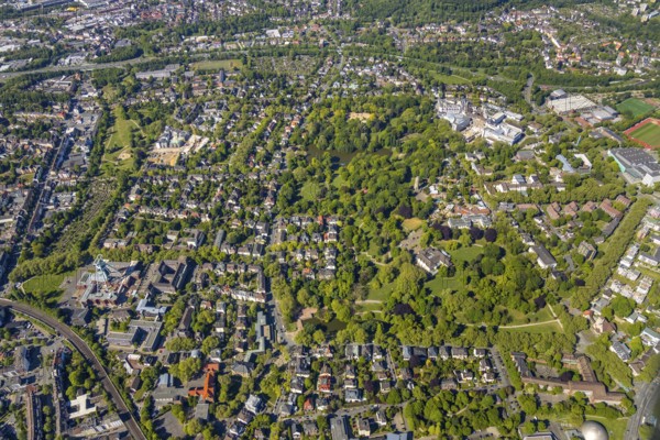 Aerial view, City Park, Zoo and Fossilium Bochum, Bismarck Tower, St. Josef-Hospital - Katholisches Klinikum Bochum, Bochum, Ruhr area, North Rhine-Westphalia, Germany, DE, recreation, Europe, leisure activities, healthcare, green area, green spaces, green belt, hospital, clinic, clinic, hospital, aerial view, aerial photography, aerial photography, medical facility, medical aid, emergency service, park, park area, zoo, overview, bird's eye view, birds-eyes view, overview, medical care