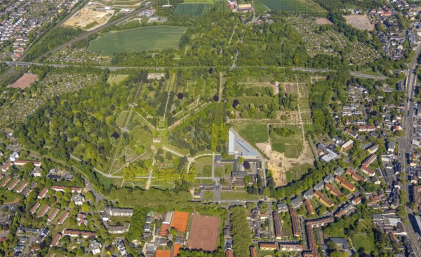 Aerial view, main cemetery, volunteer fire brigade Altenbochum, Bochum, Ruhr area, North Rhine-Westphalia, Germany, burial site, fire fighter, fire protection, fire watch, DE, Europe, fire station, fire brigade, cemetery, memorial, place of worship, aerial photograph, aerial photography, aerial photography, rescue station, resting place, overview, bird's-eye view, bird's-eye view, overview
