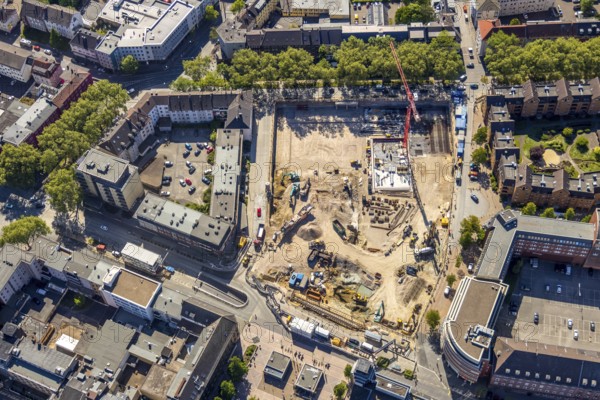 Aerial view, construction site and new building for three-part commercial building complex Viktoria Karree, Viktoriastraße, former justice centre, Bochum, Ruhr area, North Rhine-Westphalia, Germany, construction work, construction vehicles, construction area, construction site, building plots, construction crane, construction measure, construction project, construction site, DE, Europe, aerial view, aerial photography, aerial photography, new building, RuhrCongress Bochum Verwaltungs-GmbH, overview, Viktoria Karree, bird's-eye view, bird's-eye view, overview
