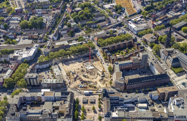 Aerial view, construction site and new building for three-part commercial building complex Viktoria Karree, Viktoriastraße, former justice centre, Bochum, Ruhr area, North Rhine-Westphalia, Germany, construction work, construction vehicles, construction area, construction site, building plots, construction crane, construction measure, construction project, construction site, DE, Europe, Husemannplatz, aerial view, aerial photography, aerial photography, new building, RuhrCongress Bochum Verwaltungs-GmbH, overview, Viktoria Karree, bird's eye view, birds-eyes view, overview