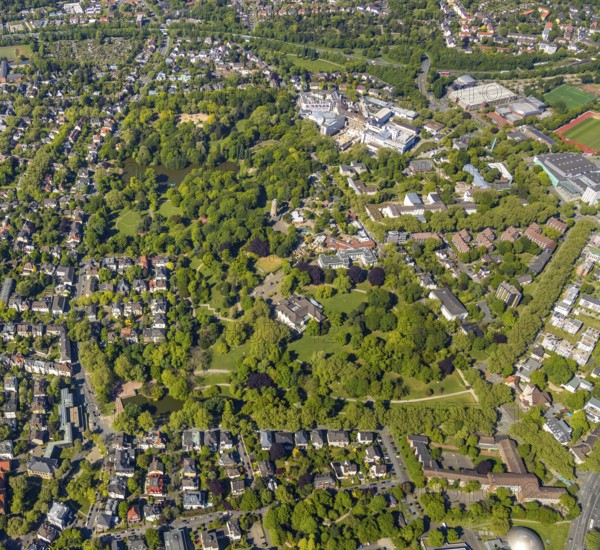 Aerial view, City Park, Zoo and Fossilium Bochum, Bismarck Tower, St. Josef-Hospital - Katholisches Klinikum Bochum, Bochum, Ruhr area, North Rhine-Westphalia, Germany, DE, recreation, Europe, leisure activities, healthcare, green area, green spaces, green belt, hospital, clinic, clinic, hospital, aerial view, aerial photography, aerial photography, medical facility, medical aid, emergency service, park, park area, zoo, overview, bird's eye view, birds-eyes view, overview, medical care