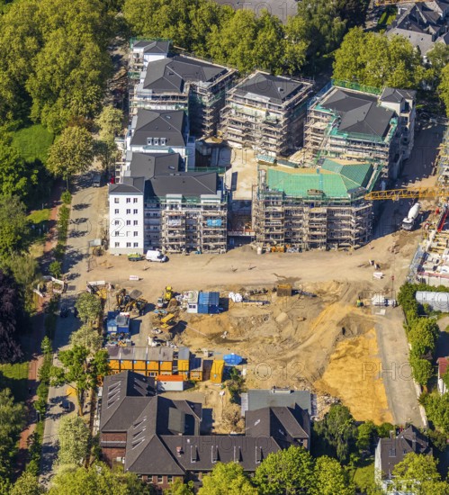 Aerial view, construction site residential quarter Wielandstraße, former RWE administrative headquarters, Bochum, Ruhr area, North Rhine-Westphalia, Germany, DE, Europe, commercial buildings, property tax, real estate, aerial view, aerial photography, aerial photography, apartment buildings, overview, bird's eye view, residential complex, residential buildings, residential quarter, housing shortage, birds-eyes view, new catering areas, new commercial units, new residential units, overview