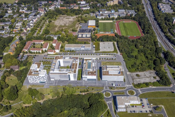 Aerial view, health campus north, neighbourhood at health campus Bochum, Wiemelhausen, Bochum, Ruhr area, North Rhine-Westphalia, Germany, DE, Europe, birds-eyes view, aerial photograph, aerial photography, aerial photography, overview, overview, bird's eye view, urban planning, reconstruction measures, construction site, overplanning