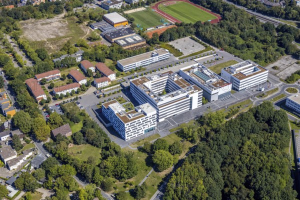 Aerial view, health campus north, neighbourhood at health campus Bochum, Wiemelhausen, Bochum, Ruhr area, North Rhine-Westphalia, Germany, DE, Europe, birds-eyes view, aerial photograph, aerial photography, aerial photography, overview, overview, bird's eye view, urban planning, reconstruction measures, construction site, overplanning