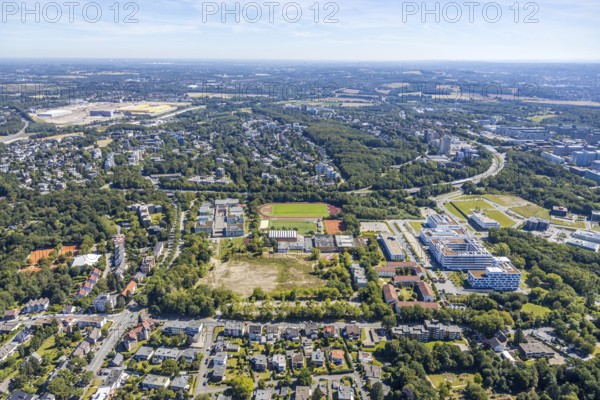 Aerial view, HealthCampus South, neighbourhood at HealthCampus Bochum, Wiemelhausen, Bochum, Ruhr area, North Rhine-Westphalia, Germany, DE, Europe, birds-eyes view, aerial photograph, aerial photography, aerial photography, overview, overview, bird's eye view, urban planning, reconstruction measures, construction site, overplanning