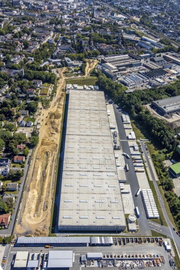 Aerial view, truck haulage DSV Stuttgart GmbH & Co, Kruppwerke, Bochum, Ruhr area, North Rhine-Westphalia, Germany, DE, Europe, birds-eyes view, aerial photography, aerial photography, overview, bird's eye view, urban planning, reconstruction measures, construction site, overplanning