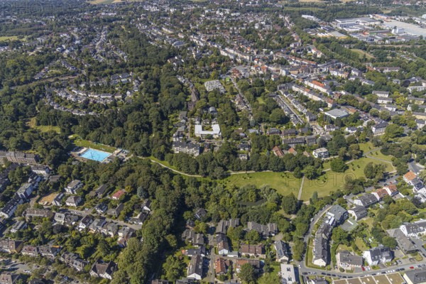 Schwimmverein Blau-Weiß Bochum 1896 e. V., Freibad Am Wiesengrund, Schwimmerbecken, Wassergymnastik, Wiemelhausen, Bochum, Ruhr Area, North Rhine-Westphalia, Deutschland, DE, Europa, aerial view, birds-eyes view, Luftaufnahme, Luftbildfotografie, Luftfotografie, overview, Übersicht, Vogelperspektive
