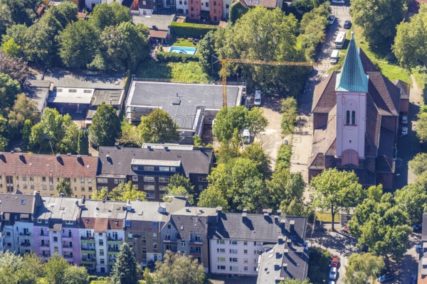 Aerial photograph, ÐŸÑ€Ð°Ð²Ð¾ÑÐ°Ð²Ð½Ð°Ñ Ð¦ÐµÑ€ÐºÐ¾Ð²ÑŒ, Russian Orthodox Church Feldsieper Straße, Grumme, Bochum, Ruhr area, North Rhine-Westphalia, Germany, DE, Europe, birds-eyes view, aerial photograph, aerial photography, aerial photography, overview, bird's eye view, urban planning, reconstruction measures, construction site, overplanning