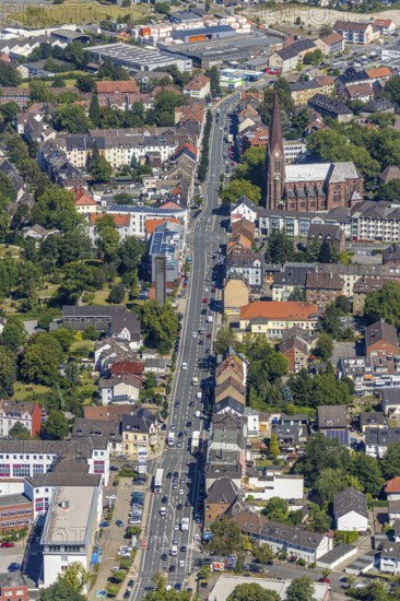 Aerial view, course of Herner Straße northwards with St. Franziskus Church, Grumme, Bochum, Ruhr area, North Rhine-Westphalia, Germany, DE, Europe, birds-eyes view, aerial view, aerial photography, aerial photography, overview, bird's eye view, urban planning, reconstruction measures, construction site, overplanning
