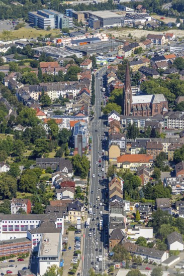 Aerial view, course of Herner Straße northwards with St. Franziskus Church, Grumme, Bochum, Ruhr area, North Rhine-Westphalia, Germany, DE, Europe, birds-eyes view, aerial view, aerial photography, aerial photography, overview, bird's eye view, urban planning, reconstruction measures, construction site, overplanning