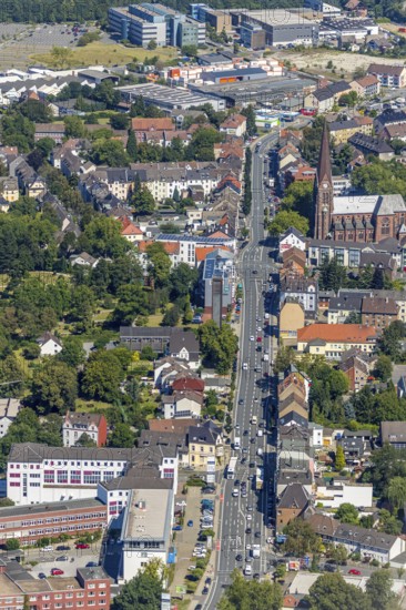 Aerial view, course of Herner Straße northwards with St. Franziskus Church, Grumme, Bochum, Ruhr area, North Rhine-Westphalia, Germany, DE, Europe, birds-eyes view, aerial view, aerial photography, aerial photography, overview, bird's eye view, urban planning, reconstruction measures, construction site, overplanning