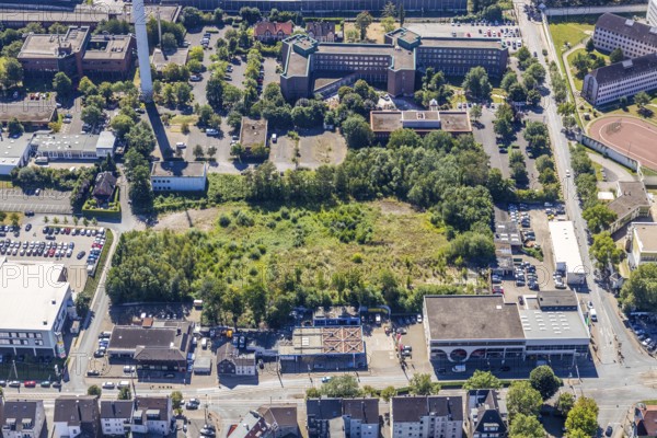 Aerial view, area at Castroper Straße for the planned Green Mosque Ruhr, next to car dealership Feix, Grumme, Bochum, Ruhr area, North Rhine-Westphalia, Germany, DE, Europe, birds-eyes view, aerial view, aerial photography, aerial photography, overview, overview, bird's eye view, urban planning, reconstruction measures, construction site, overplanning