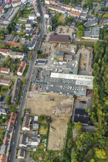 Aerial view, construction site Hansastrasse 53, Wattenscheid, Bochum, Ruhr area, North Rhine-Westphalia, Germany, construction work, construction, construction area, construction site, building plots, construction project, construction site, Bochum-Wattenscheid, DE, Europe, aerial view, aerial photography, aerial photography, aerial photography, Wattenscheid district, overview, bird's-eye view, bird's-eye view, overview