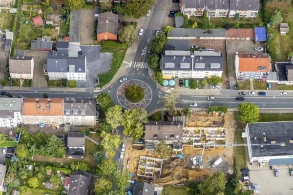 Aerial view, construction site new building Hansastraße 84 at roundabout, Wattenscheid, Bochum, Ruhr area, North Rhine-Westphalia, Germany, Bochum-Wattenscheid, DE, Europe, roundabout, aerial view, aerial photography, aerial photography, district Wattenscheid, star shape, overview, bird's eye view, bird's eye view, overview