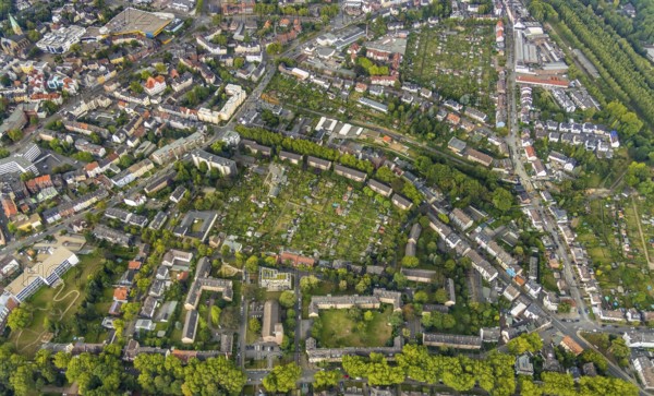 Aerial view, allotment garden site Friedlicher Nachbar, Hüllerstraße, allotment garden association Lehmkuhle Wattenscheid e.V., Laubenstraße, residential area, Wattenscheid, Bochum, Ruhr area, North Rhine-Westphalia, Germany, Bochum-Wattenscheid, DE, Europe, community garden, KGV, allotment garden, allotment garden site, allotment garden association, aerial view, aerial photography, aerial photography, allotment garden, district Wattenscheid, overview, bird's-eye view, overview