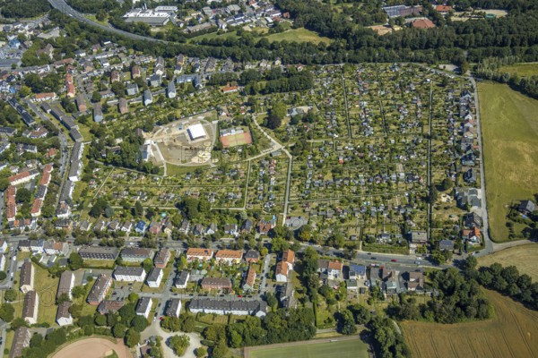 Aerial view, allotment garden site with new club house, allotment garden association Bochum-Riemke e.V., allotment garden, motorway A43, Hofstede, Bochum, Ruhr area, North Rhine-Westphalia, Germany, DE, Europe, birds-eyes view, aerial view, aerial photography, aerial photography, overview, bird's eye view