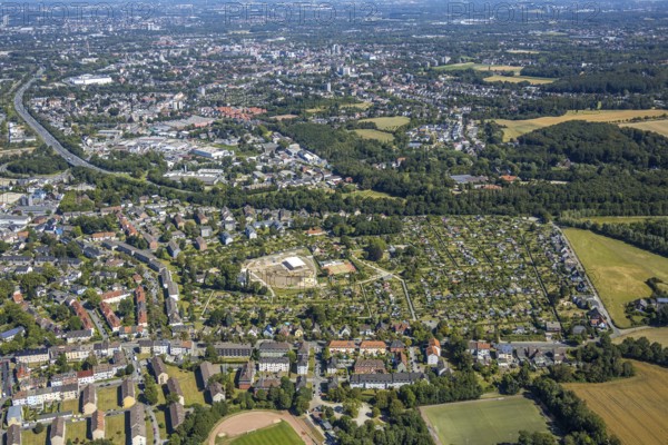 Aerial view, allotment garden site with new club house, allotment garden association Bochum-Riemke e.V., allotment garden, motorway A43, Hofstede, Bochum, Ruhr area, North Rhine-Westphalia, Germany, DE, Europe, birds-eyes view, aerial view, aerial photography, aerial photography, overview, bird's eye view