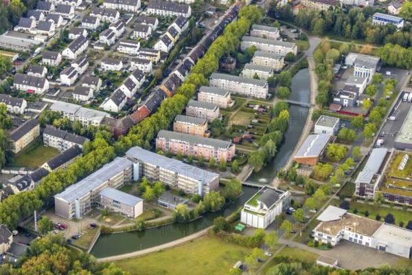 Aerial view, retirement home Weststraße, housing estate at the pond Weststraße, Leithe, Bochum, Ruhr area, North Rhine-Westphalia, Germany, retirement home, care and nursing, Bochum-Wattenscheid, DE, Europe, aerial view, aerial photography, aerial photography, care facility, lake, retirement home, retirement residence, retirement home, retirement centre, district Wattenscheid, pond, overview, bird's eye view, Wattenscheid, birds-eyes view, overview