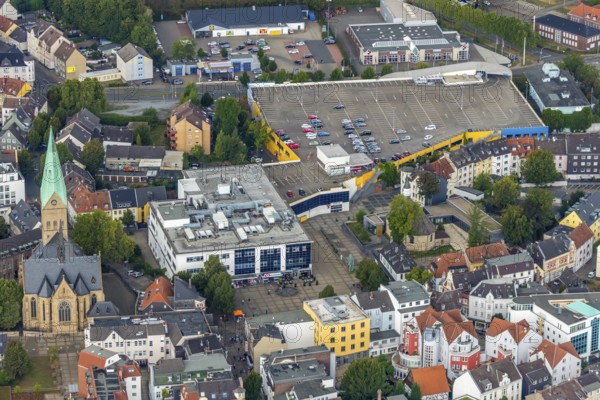 Aerial view, Gertrudiscenter, Kaufland, Alter Markt, Propsteikirche St. Gertrud von Brabant, Wattenscheid, Bochum, Ruhr area, North Rhine-Westphalia, Germany, place of worship, Bochum-Wattenscheid, DE, shopping markets, shopping square, shopping street, shopping centre, Europe, religious community, place of worship, church, parish, denomination, aerial view, aerial photography, aerial photography, local supply centre, religion, Wattenscheid district, overview, bird's eye view, bird's eye view, overview