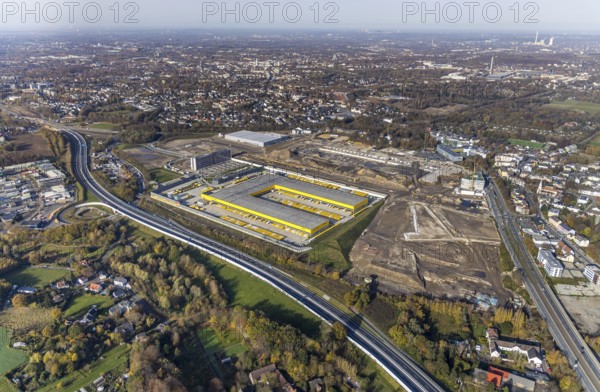 New construction DHL Logistik, former Opel site, former Opel administration building, construction site Hans-Dobbertin-Straße, Suttner-Nobel-Allee, Zess building, Laer, Bochum, North Rhine-Westphalia, Germany, expansion areas, construction work, building plots, construction measure, DE, monument protection, earthworks, renewal, development, Europe, commercial enterprises, commercial area, commercial area, commercial park, commercial location, commercial use, freight transport, industrial area, industrial building, industrial site, capacity requirements, logistics, logistics service, logistics service provider, logistics provider, logistics centre, aerial view, aerial photography, aerial photography, aerial photography, MARK 51°7, Mark 51/7, Opelring, Ruhr area, freight forwarding, transport, transport service, overview, bird's-eye view, growth, becoming and growing, birds-eyes view, overview