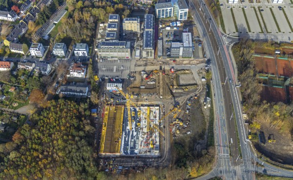 Police Bochum police station south-east, construction site new building residential neighbourhood Seven Stones, Universitätsstraße, Bochum, North Rhine-Westphalia, Germany, 7 Stones, construction work, construction, construction area, building site, building plots, construction project, construction site, DE, Europe, real estate, climate protection settlement, aerial photograph, aerial photo, aerial photography, aerial photography, apartment buildings, new construction, photovoltaics, Ruhr area, Seven Stones, solar plant, solar energy, overview, bird's-eye view, housing estate, housing and living, residential buildings, residential neighbourhood, residential neighbourhood Seven Stones Bochum, housing estate, housing shortage, birds-eyes view, overview