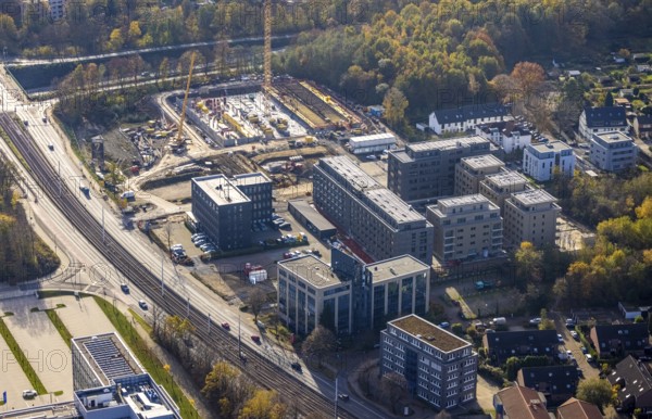 Police Bochum police station south-east, construction site new building residential neighbourhood Seven Stones, Universitätsstraße, Bochum, North Rhine-Westphalia, Germany, 7 Stones, construction work, construction, construction area, building site, building plots, construction project, construction site, DE, Europe, real estate, climate protection settlement, aerial photograph, aerial photo, aerial photography, aerial photography, apartment buildings, new construction, photovoltaics, Ruhr area, Seven Stones, solar plant, solar energy, overview, bird's-eye view, housing estate, housing and living, residential buildings, residential neighbourhood, residential neighbourhood Seven Stones Bochum, housing estate, housing shortage, birds-eyes view, overview
