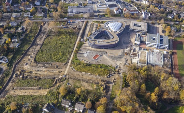 Construction area Querenburger Straße, Neues Gymnasium Bochum, Hans-Böckler-Realschule, Wiemelhausen, Bochum, Ruhr area, North Rhine-Westphalia, Germany, construction work, construction, construction area, building site, building plots, construction project, construction site, education, educational institution, DE, Europe, grammar school, teaching institute, aerial view, aerial photograph, aerial photography, aerial photography, new building, school, overview, bird's eye view, birds-eyes view, overview