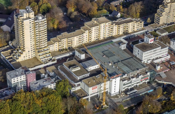 Uni-Center Bochum, Ruhr-Universität Bochum, RUB, Querenburg, Bochum, Ruhr area, North Rhine-Westphalia, Germany, construction crane, education, educational institution, DE, shopping square, shopping centre, Europe, educational institute, aerial view, aerial photography, aerial photography, local supply centre, Querenburger Höhe, shopping centre, overview, university, Universitätsstraße, bird's-eye view, bird's-eye view, overview